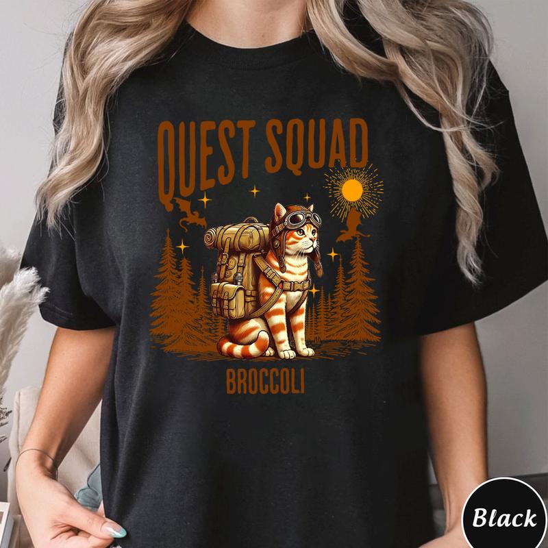 Whimsical Adventure Cat Shirt - Quest Squad Broccoli Fun Tee
