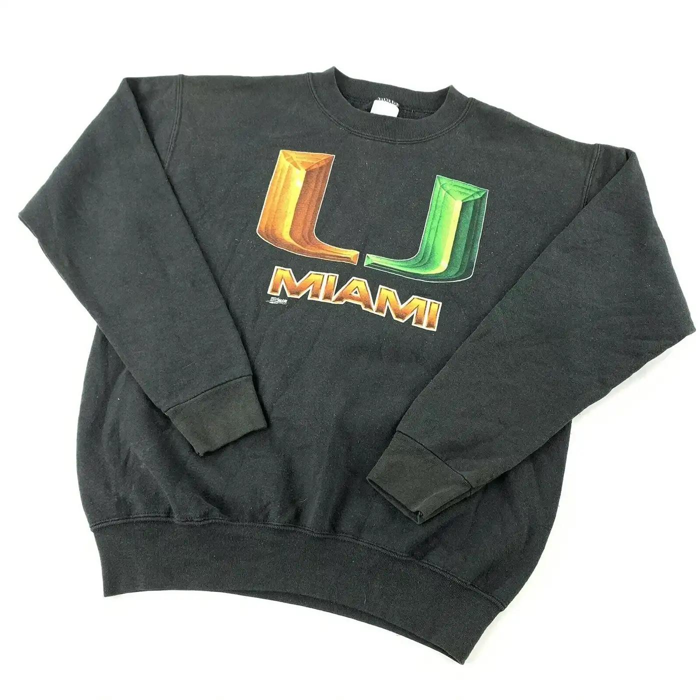 Vintage Style 90s University Of Miami Crewneck Black Chest Print T-Shirt Sweatshirt Hoodie Reprinted